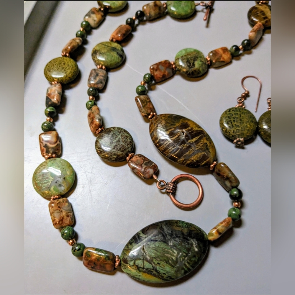 Snakeskin Jasper & Agate with Copper Gemstone Necklace, Bracelet and Earrings